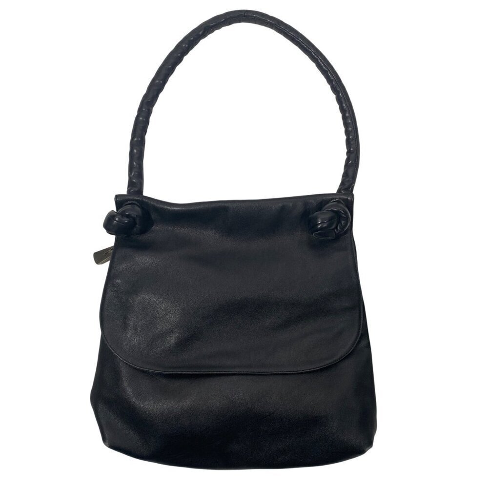 Liza Ganz Black Leather minimalist shoulder bag Knotted Strap & Zipper Closure